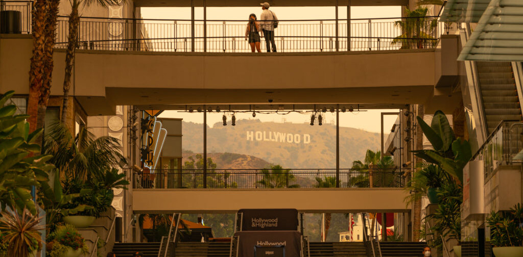 LOS ANGELES, CA - SEPTEMBER 10: General views of the Hollywood & Highland shopping center enveloped in a yellow-haze amid the ongoing California wildfires on September 10, 2020 in Los Angeles, California. (Photo by AaronP/Bauer-Griffin/GC Images)