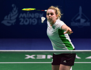 Minsk , Belarus - 24 June 2019; Rachael Darragh of Ireland in action against Agnes Korosi of Hungary during their Women's Badminton Singles group stage match at Falcon Club on Day 4 of the Minsk 2019 2nd European Games in Minsk, Belarus. (Photo By Seb Daly/Sportsfile via Getty Images)
