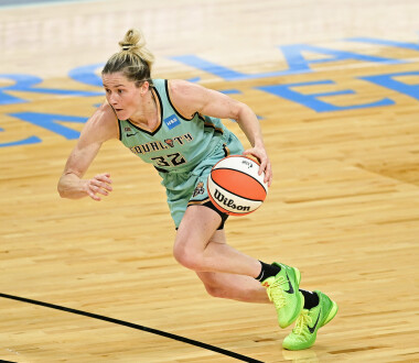 NEW YORK, NEW YORK - JUNE 24: Sami Whitcomb #32 of the New York Liberty handles the ball against the Chicago Sky at Barclays Center on June 24, 2021 in New York City. (Photo by Steven Ryan/Getty Images)