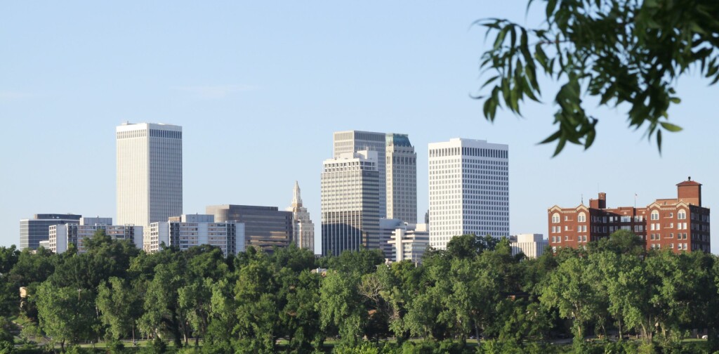 Photographed from the west bank of the Arkansas River is downtown Tulsa, Oklahoma.